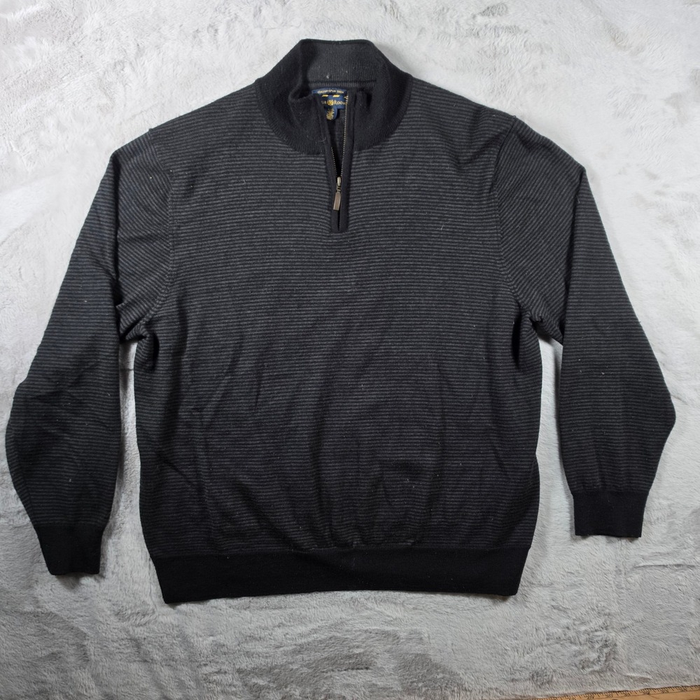 Club Room Sweater Mens XXL Gray Merino Wool Blend Quarter Zip‎ Striped Pullover